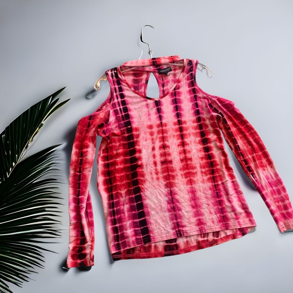 Simply Southern Collection Womens Cold Shoulder Shirt Red Black Tie Dye Small